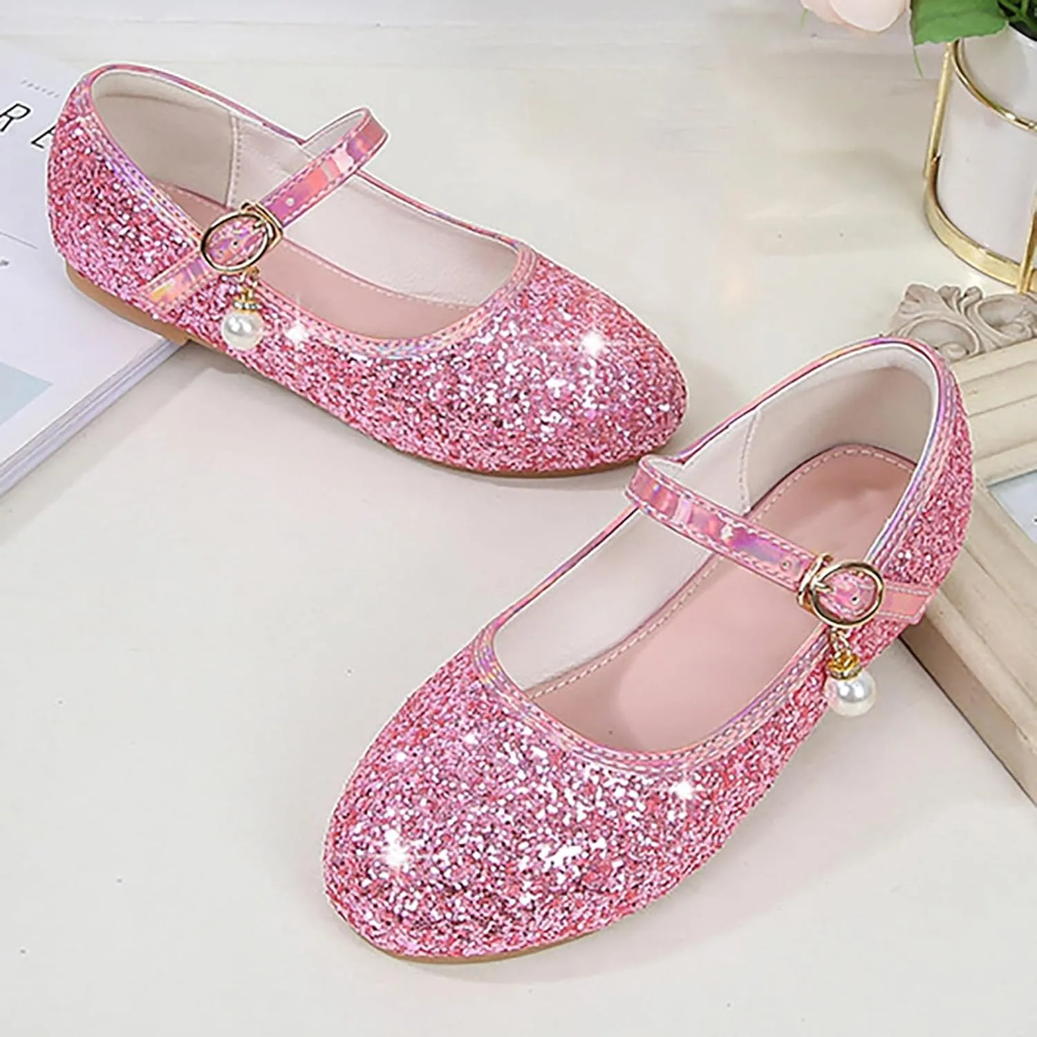 Kids Girl Mary Jane Dress Shoes Glitter Flat Shoes Shiny Sandals Bow Sequin Wedding Sandals High Heels Shoe