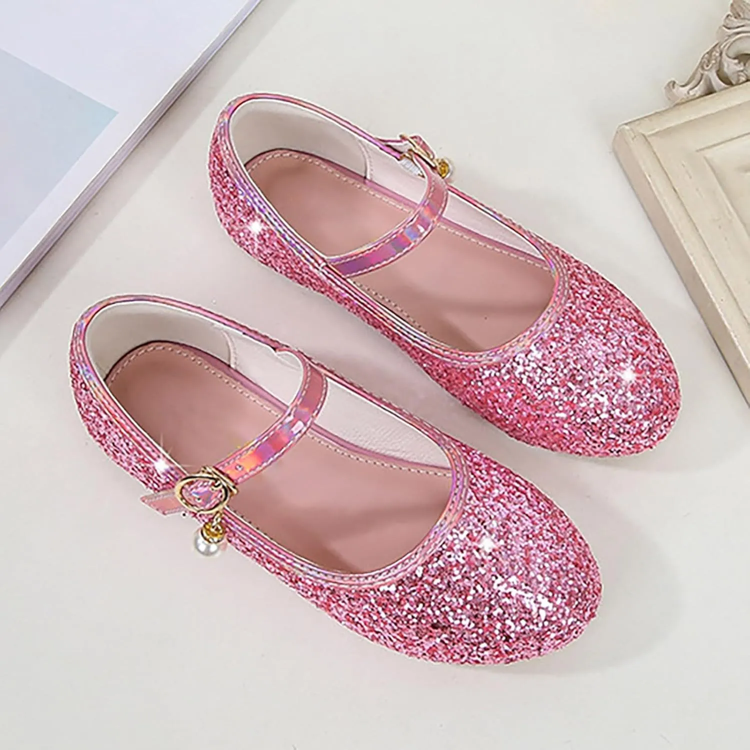 Kids Girl Mary Jane Dress Shoes Glitter Flat Shoes Shiny Sandals Bow Sequin Wedding Sandals High Heels Shoe