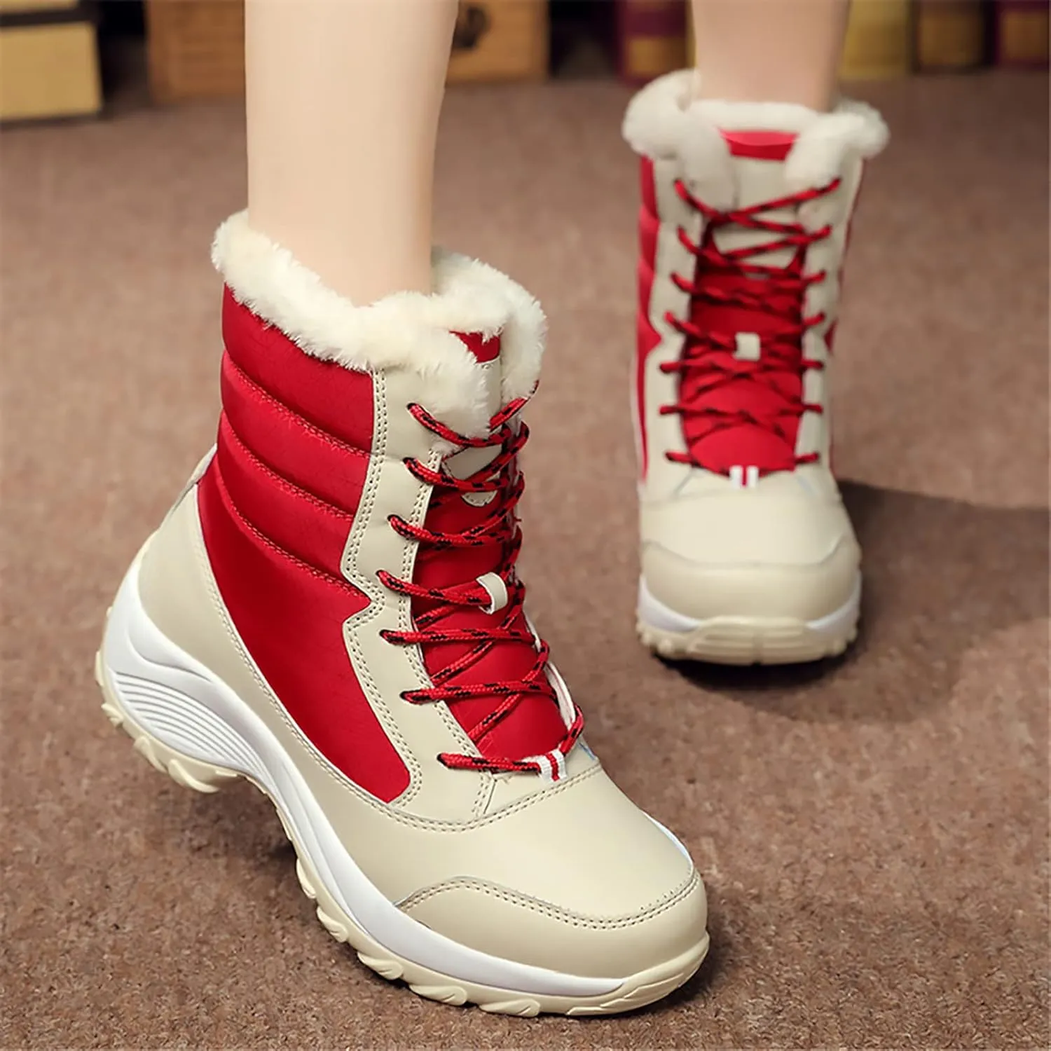 KISSOURBABY Women's Fur Lining Winter Boots Outdoor Waterproof Snow Boots