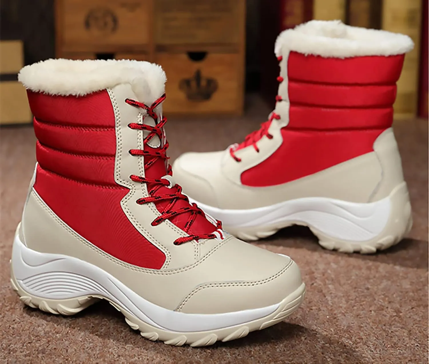 KISSOURBABY Women's Fur Lining Winter Boots Outdoor Waterproof Snow Boots