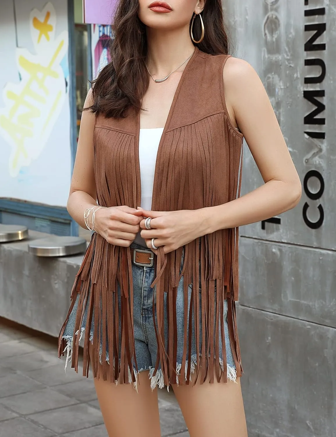 KOJOOIN Women's Fringe Vest 70s Hippie Faux Suede Rivets Sleeveless Costume Fringe Jacket Brown M