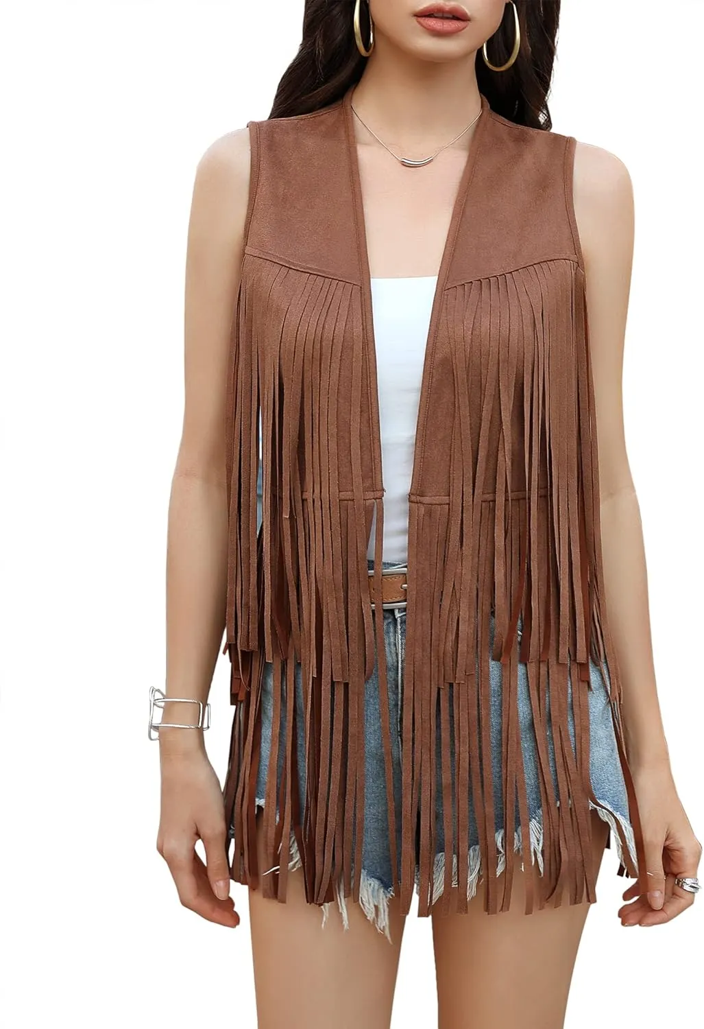 KOJOOIN Women's Fringe Vest 70s Hippie Faux Suede Rivets Sleeveless Costume Fringe Jacket Brown M