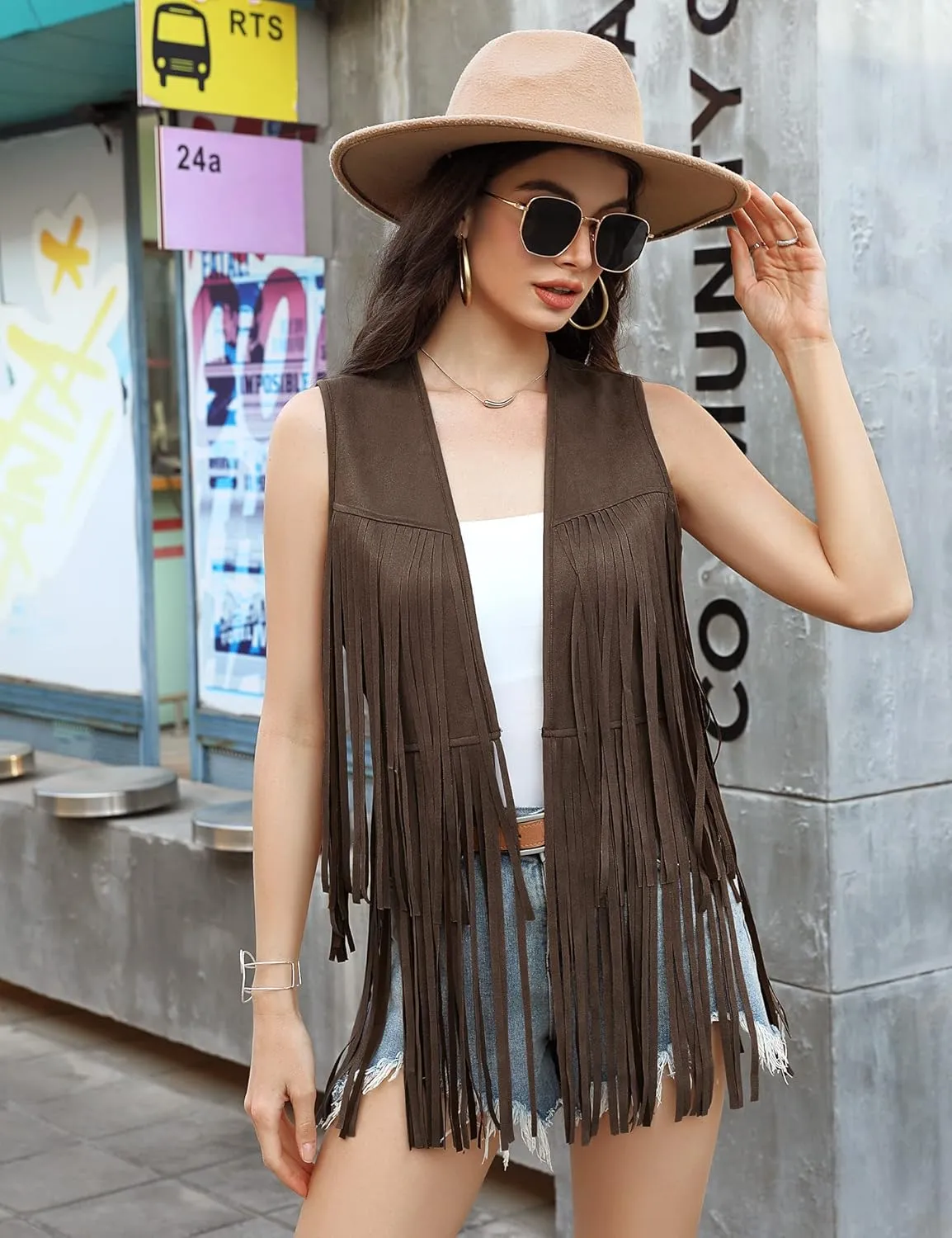 KOJOOIN Women's Fringe Vest 70s Hippie Faux Suede Rivets Sleeveless Fringe Jacket Dark brown M