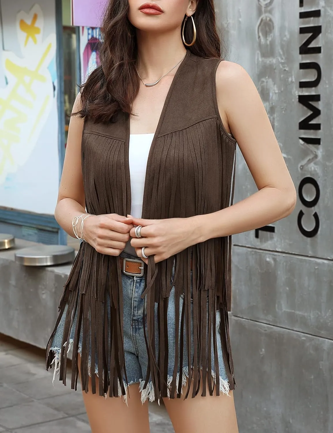 KOJOOIN Women's Fringe Vest 70s Hippie Faux Suede Rivets Sleeveless Fringe Jacket Dark brown M