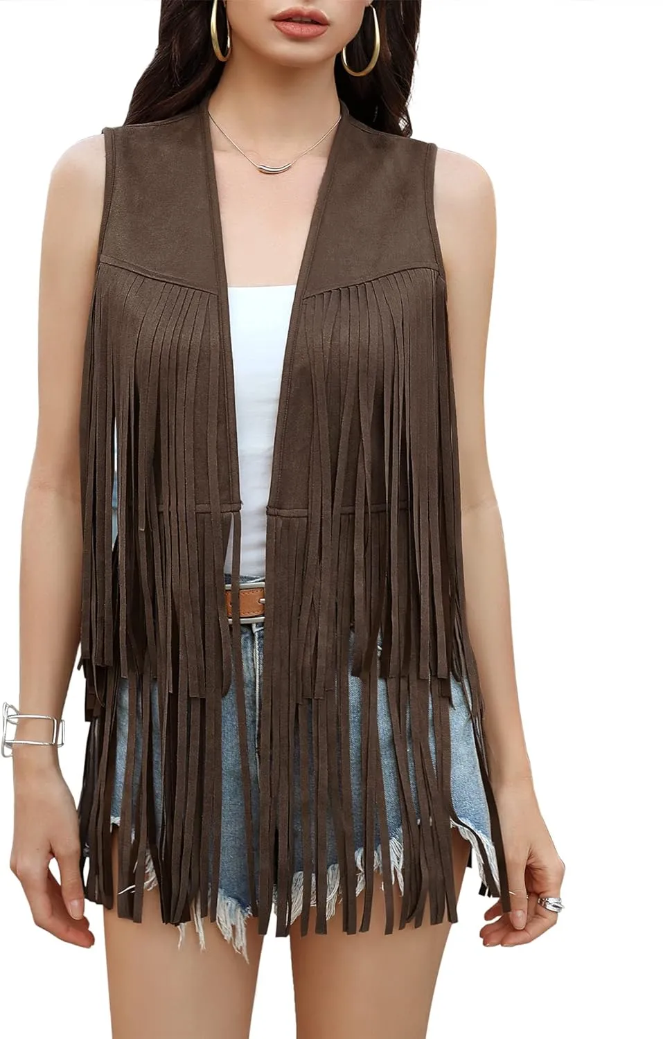 KOJOOIN Women's Fringe Vest 70s Hippie Faux Suede Rivets Sleeveless Fringe Jacket Dark brown M