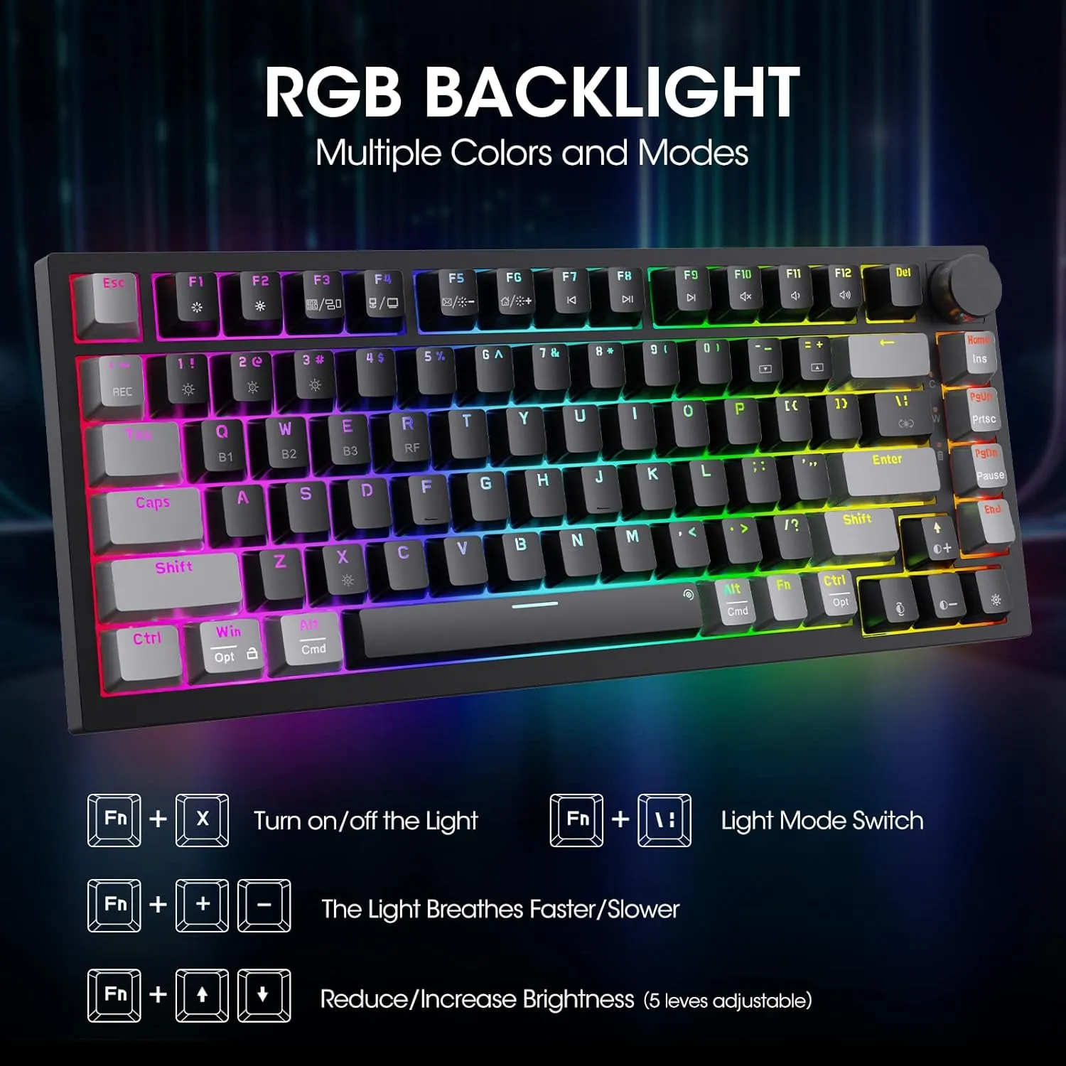 KOORUI 75% Wireless RGB Gaming Keyboard,3 Mode BT/2.4Ghz/USB-C Hot Swappable Mechanical Keyboard,Compact 82 Keys with 4000mAh Battery & Dedicated Knob Control,Clicky Blue Switch