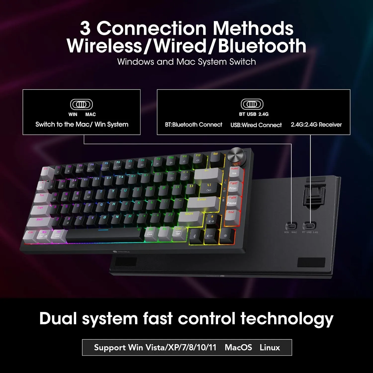KOORUI 75% Wireless RGB Gaming Keyboard,3 Mode BT/2.4Ghz/USB-C Hot Swappable Mechanical Keyboard,Compact 82 Keys with 4000mAh Battery & Dedicated Knob Control,Clicky Blue Switch