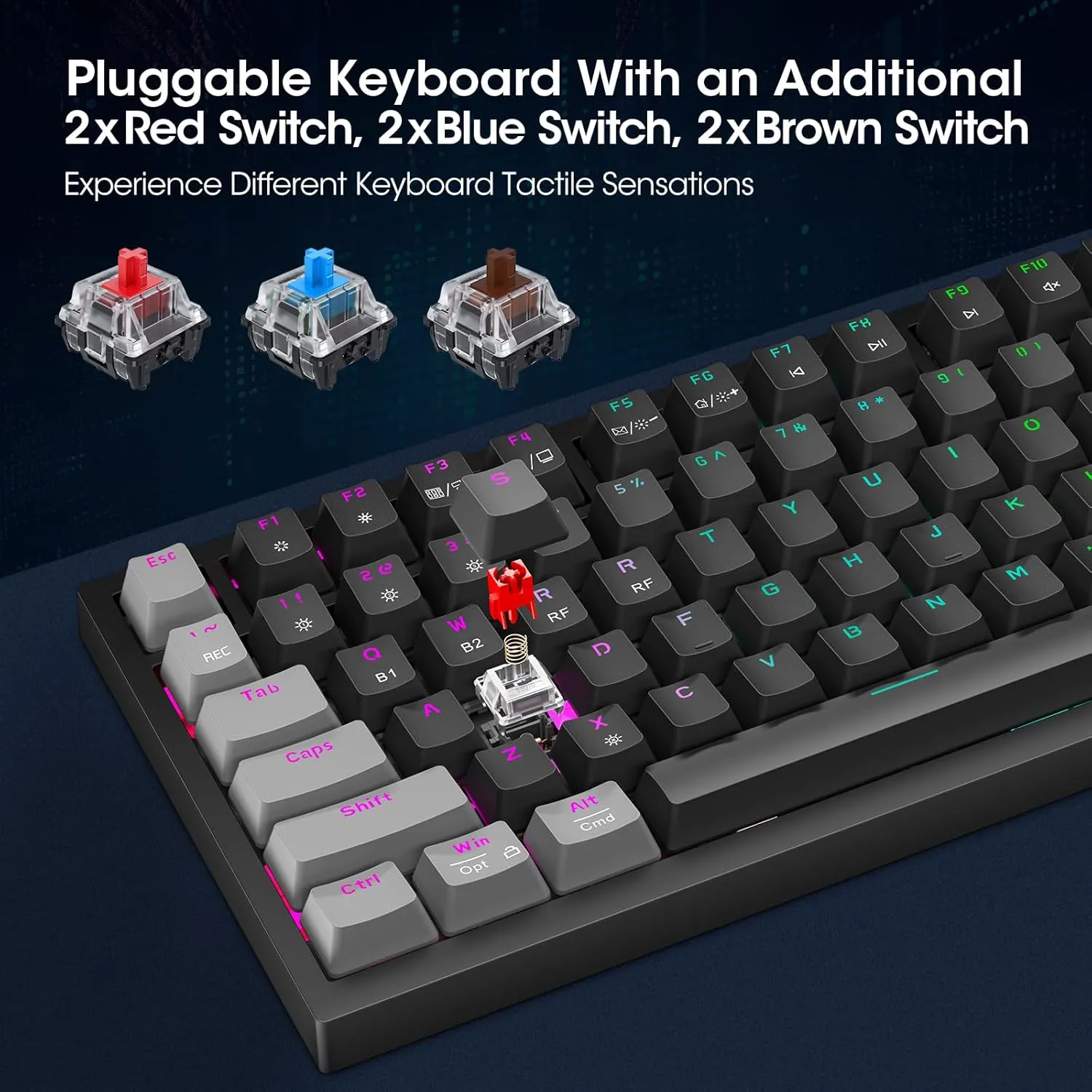 KOORUI 75% Wireless RGB Gaming Keyboard,3 Mode BT/2.4Ghz/USB-C Hot Swappable Mechanical Keyboard,Compact 82 Keys with 4000mAh Battery & Dedicated Knob Control,Clicky Blue Switch