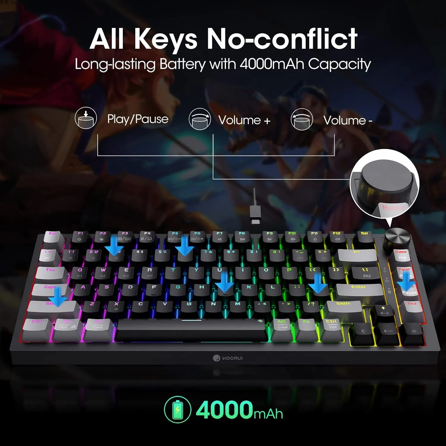 KOORUI 75% Wireless RGB Gaming Keyboard,3 Mode BT/2.4Ghz/USB-C Hot Swappable Mechanical Keyboard,Compact 82 Keys with 4000mAh Battery & Dedicated Knob Control,Clicky Blue Switch