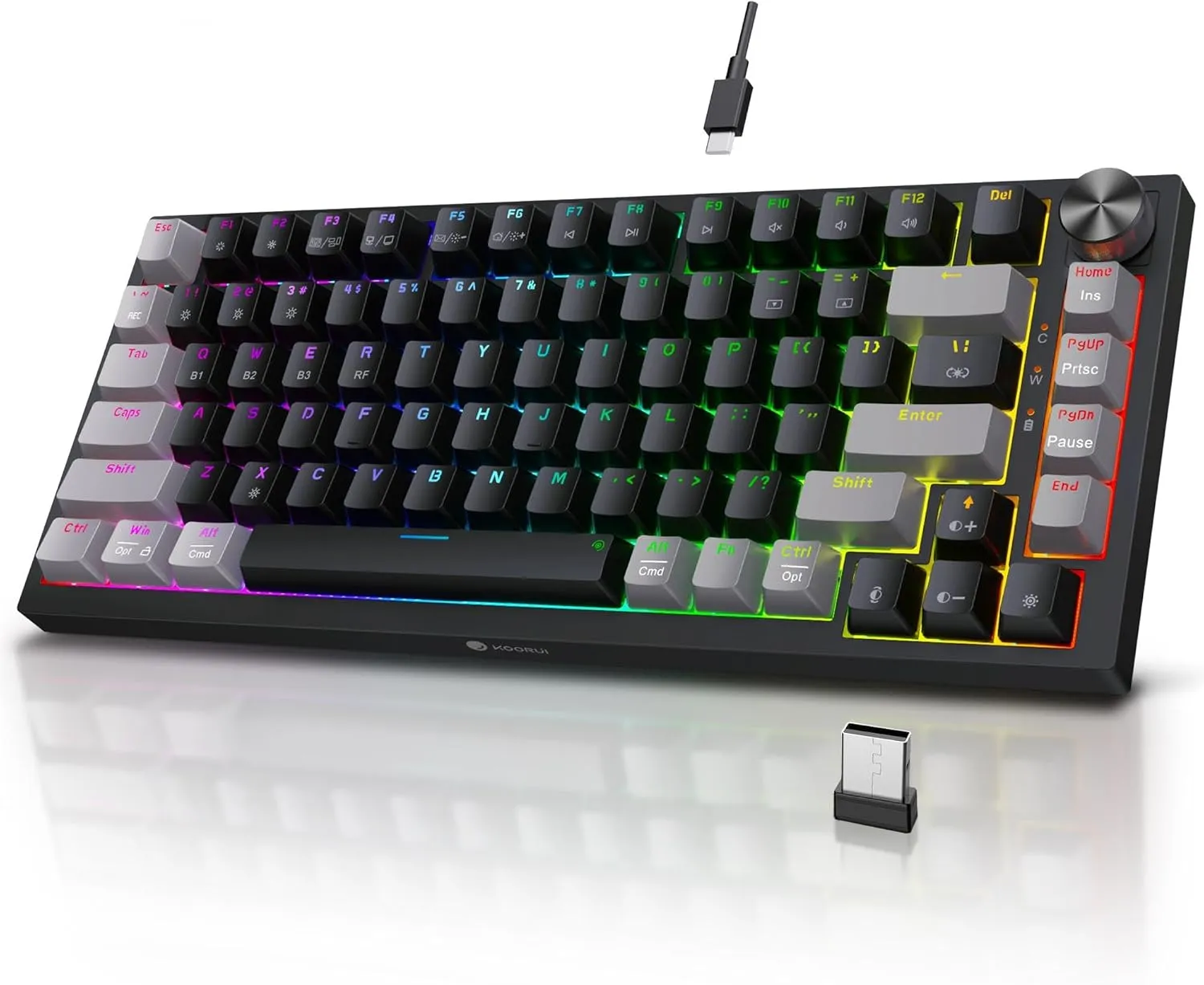 KOORUI 75% Wireless RGB Gaming Keyboard,3 Mode BT/2.4Ghz/USB-C Hot Swappable Mechanical Keyboard,Compact 82 Keys with 4000mAh Battery & Dedicated Knob Control,Clicky Blue Switch