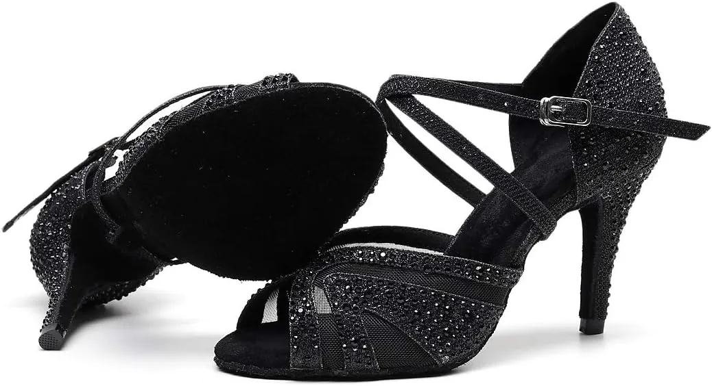 Ladies Ballroom Latin Dance Shoes Color Rhinestone Ballroom Party Performance Shoes 3.5 Inch Ladies High Heels