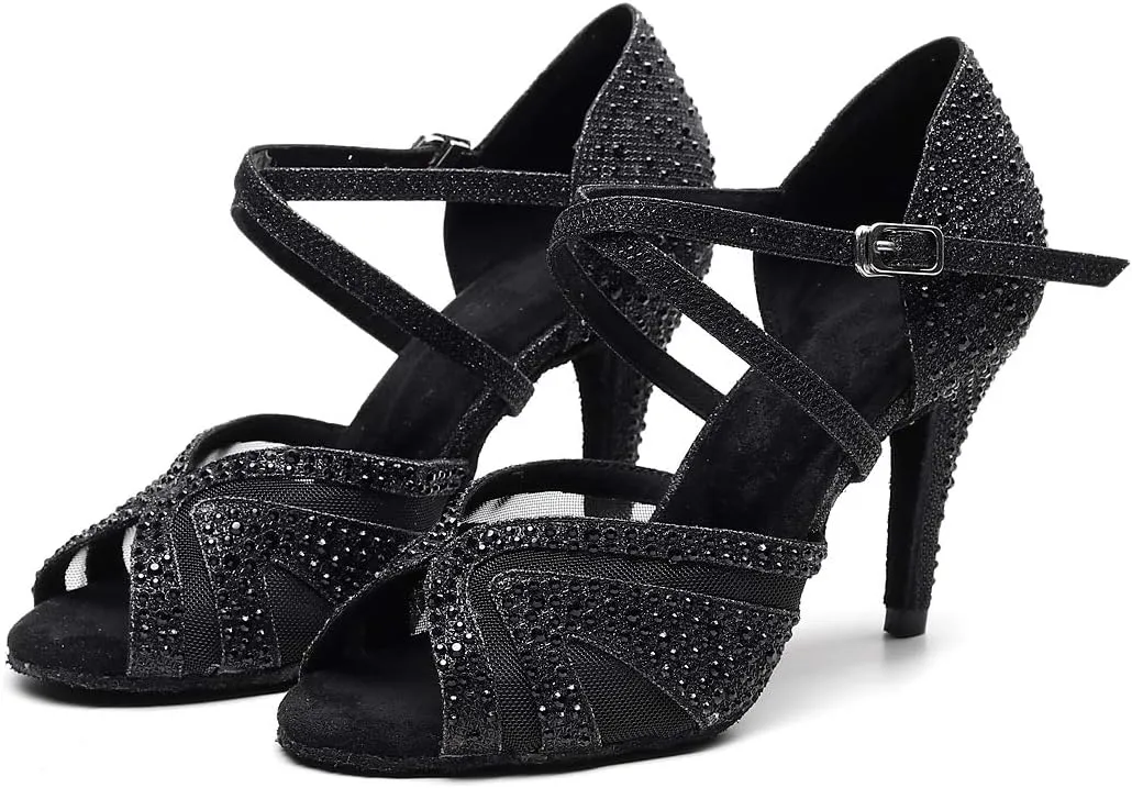 Ladies Ballroom Latin Dance Shoes Color Rhinestone Ballroom Party Performance Shoes 3.5 Inch Ladies High Heels