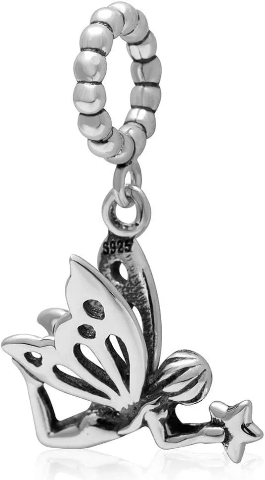 LAMOONY Wish Angel Charm 925 Sterling Silver Butterfly Fairy Charm Holding Star Charm Hope Charm for Bracelet