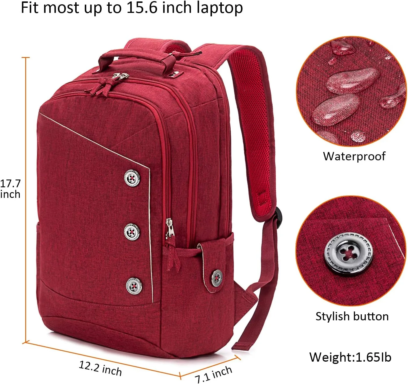 Laptop Backpack College Daypack Computer Bag for Women School Student with USB Charging Portc 15.6 Inch Red
