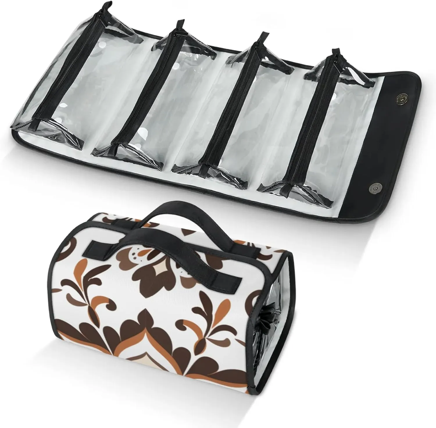 Large Capacity 4-in-1 Hanging Travel Toiletry Bag Storage Organizer With 4 Detachable Removable Zipper Clear Pouches Brown Mandala