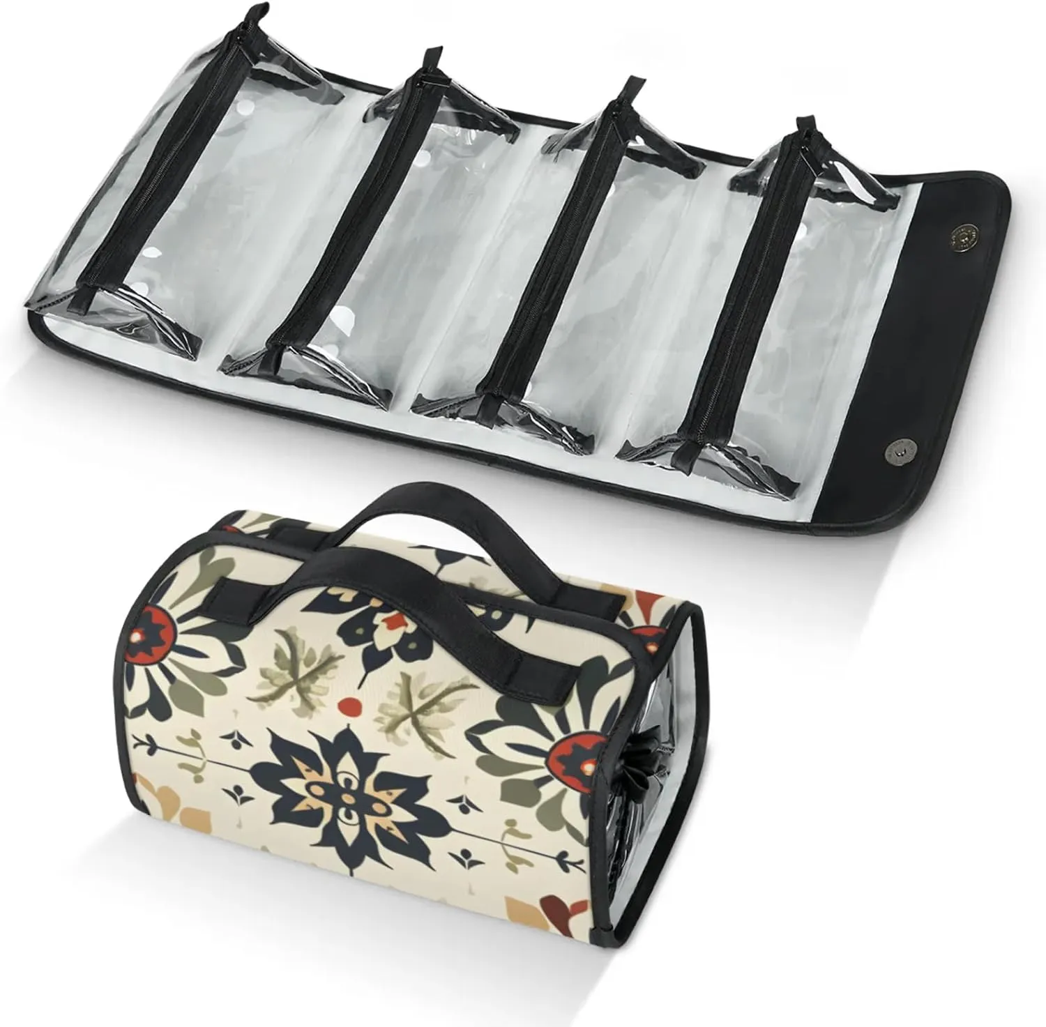 Large Capacity 4-in-1 Hanging Travel Toiletry Bag Storage Organizer With 4 Detachable Removable Zipper Clear Pouches Decorative Pattern