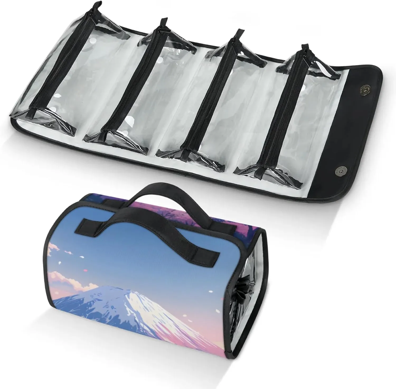 Large Capacity 4-in-1 Hanging Travel Toiletry Bag Storage Organizer With 4 Detachable Removable Zipper Clear Pouches Mountain Fuji