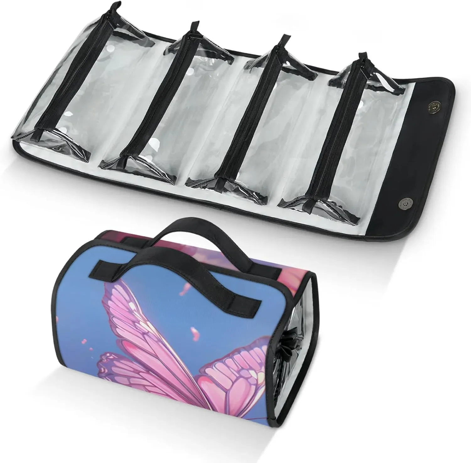 Large Capacity 4-in-1 Hanging Travel Toiletry Bag Storage Organizer With 4 Detachable Removable Zipper Clear Pouches Pink Butterfly