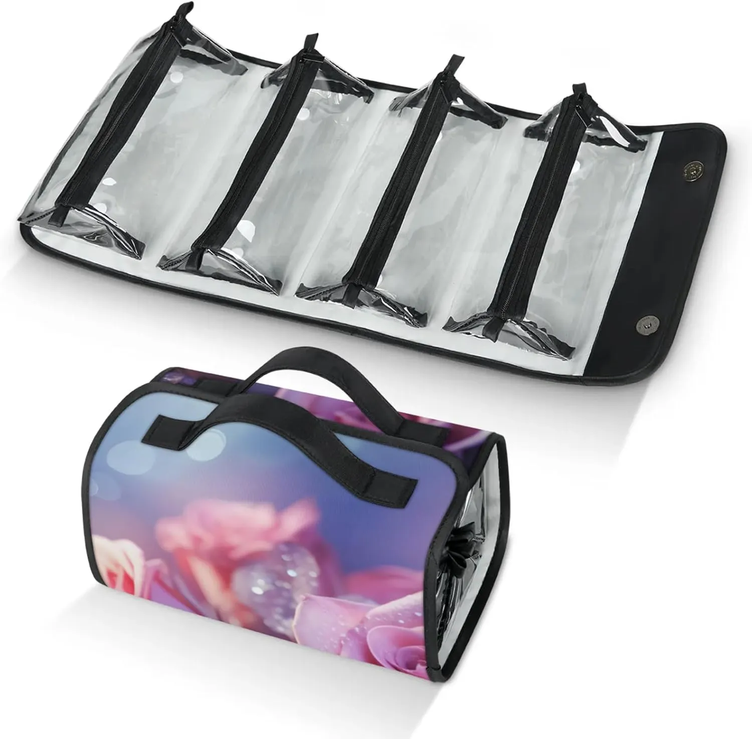 Large Capacity 4-in-1 Hanging Travel Toiletry Bag Storage Organizer With 4 Detachable Removable Zipper Clear Pouches Pink Roses