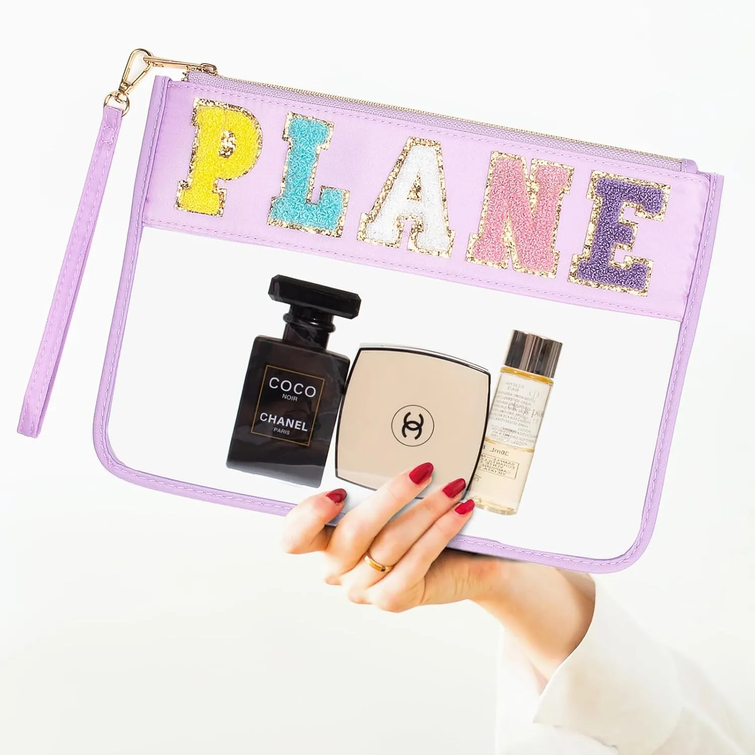 LETGO Chenille Letter Clear Zipper Pouch for Travel,Nylon Clear Cosmetic Bag,Makeup Travel Bag for Women Girls