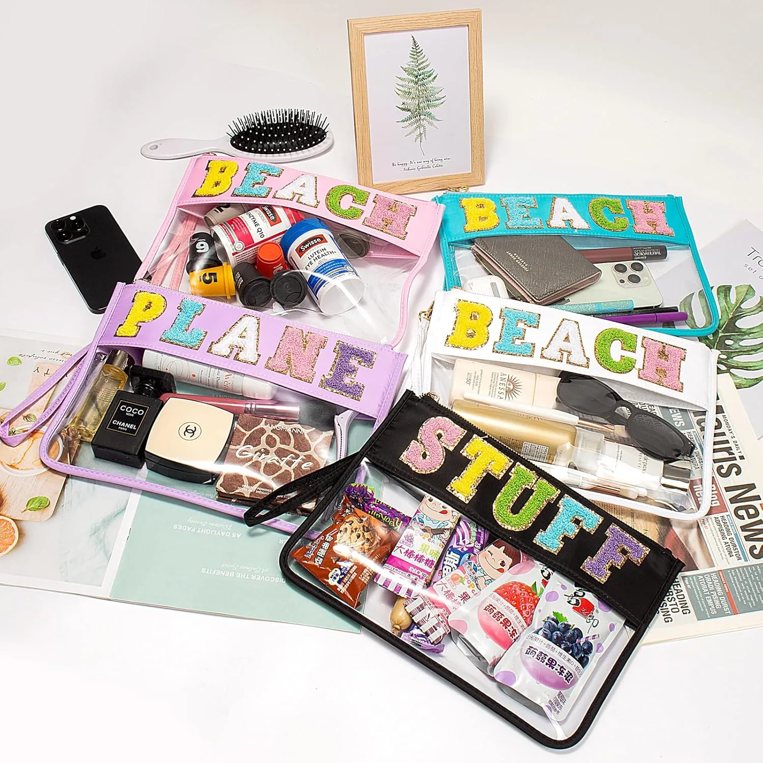LETGO Chenille Letter Clear Zipper Pouch for Travel,Nylon Clear Cosmetic Bag,Makeup Travel Bag for Women Girls