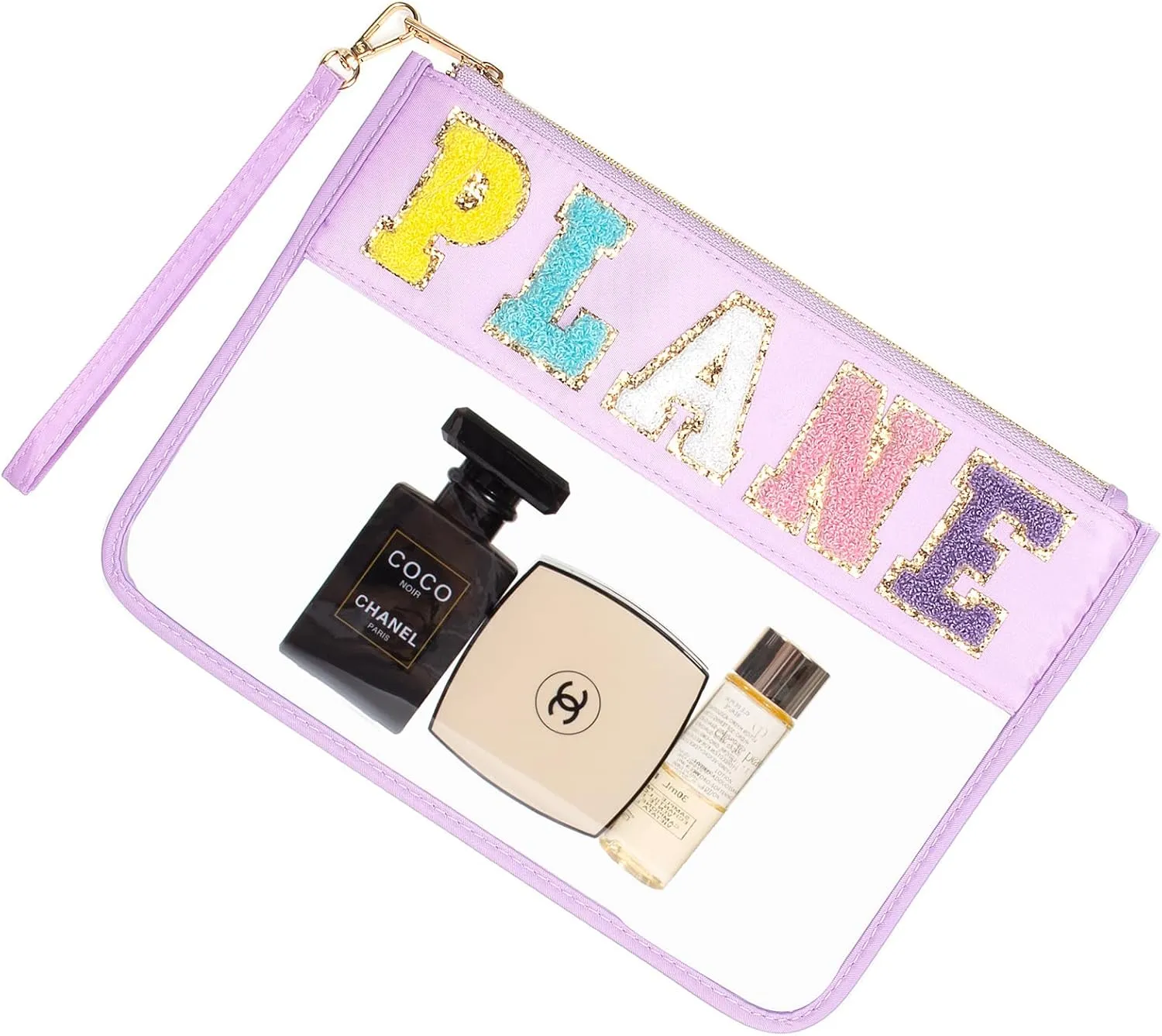 LETGO Chenille Letter Clear Zipper Pouch for Travel,Nylon Clear Cosmetic Bag,Makeup Travel Bag for Women Girls