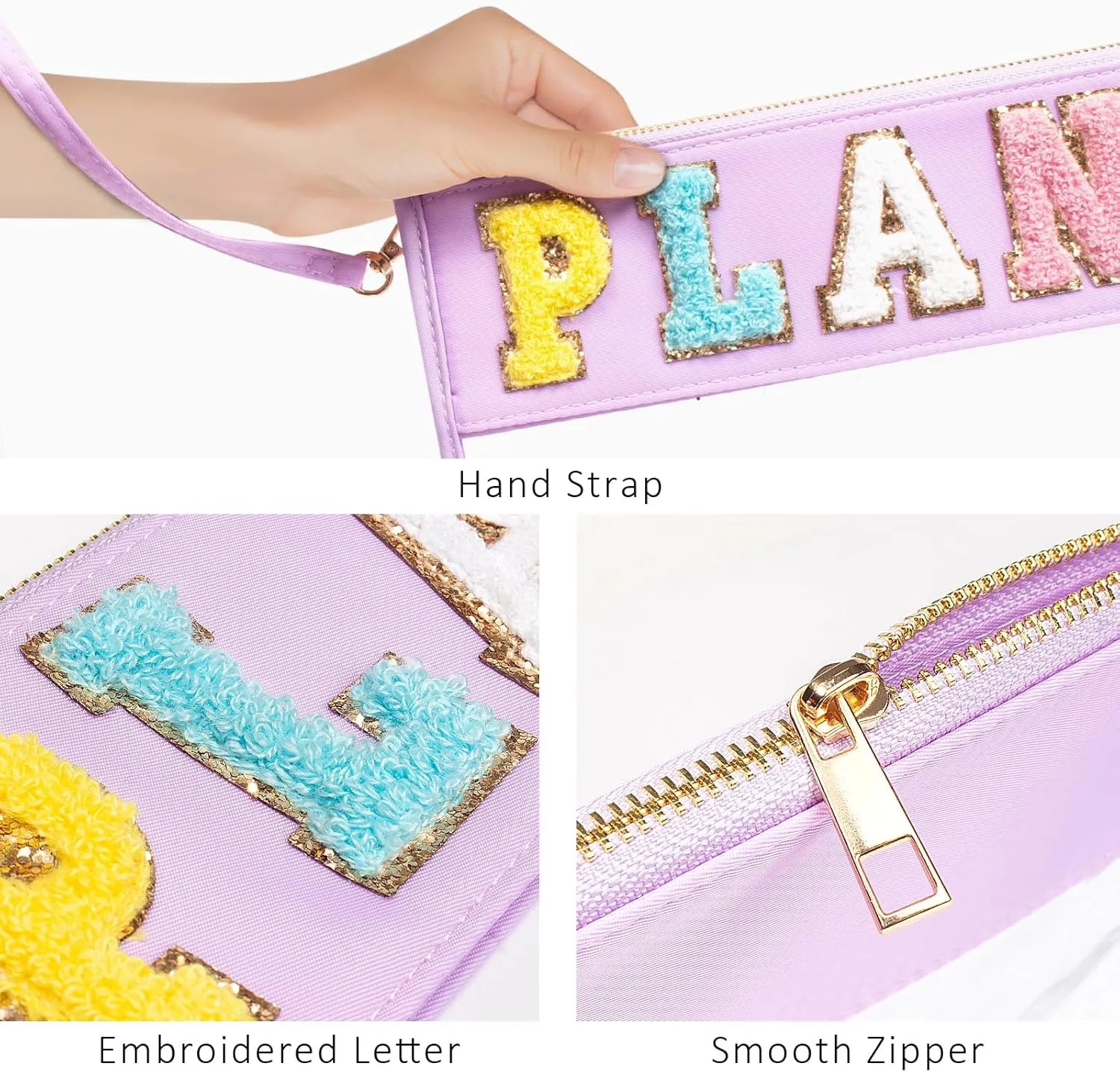 LETGO Chenille Letter Clear Zipper Pouch for Travel,Nylon Clear Cosmetic Bag,Makeup Travel Bag for Women Girls