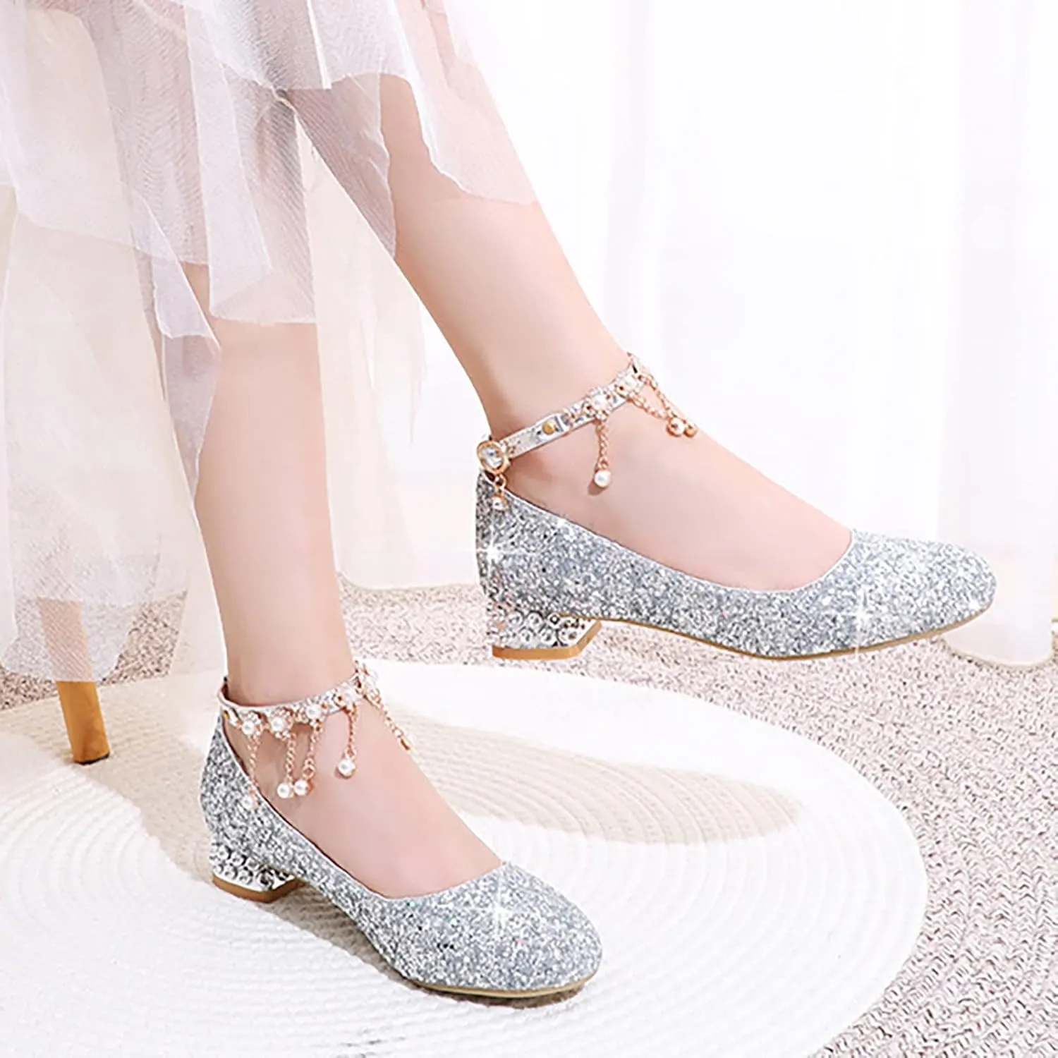 Little Kid Girls Dress Pumps Glitter Shoes Sequins Princess Low Heels Mary Jane Dance Wedding hinestones Sandals