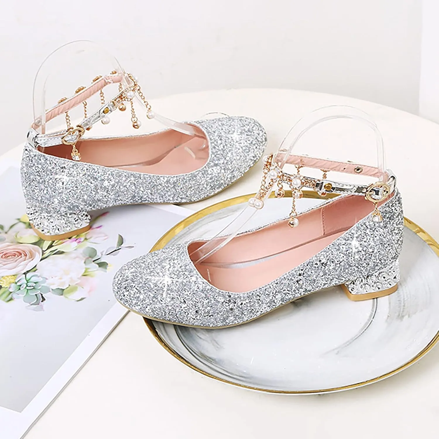 Little Kid Girls Dress Pumps Glitter Shoes Sequins Princess Low Heels Mary Jane Dance Wedding hinestones Sandals