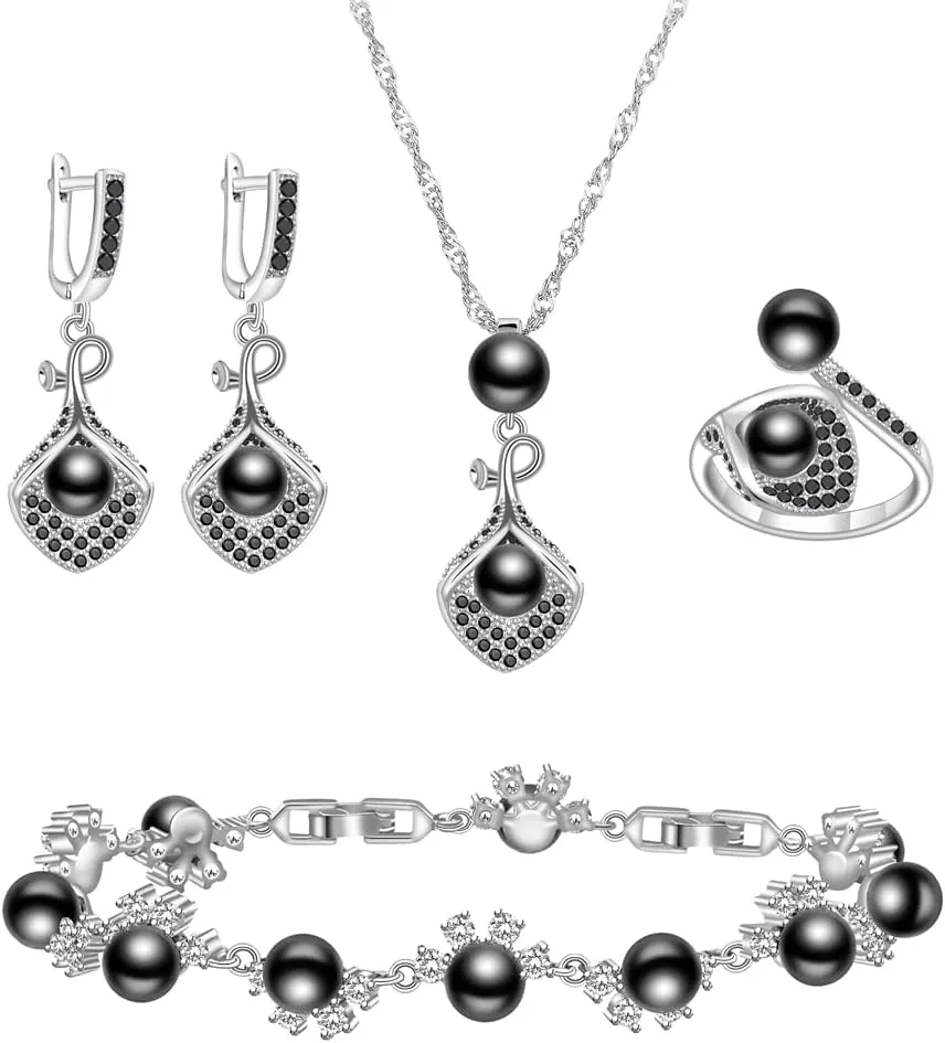 LMXXVJ Faux Pearl Jewelry Set for Women,Necklace Adjustable Ring Earrings Bracelet Set,Birthday/Wedding/Mothers Day Jewelry Gifts for Mom/Wife/Best Friend Goddess/Valentine