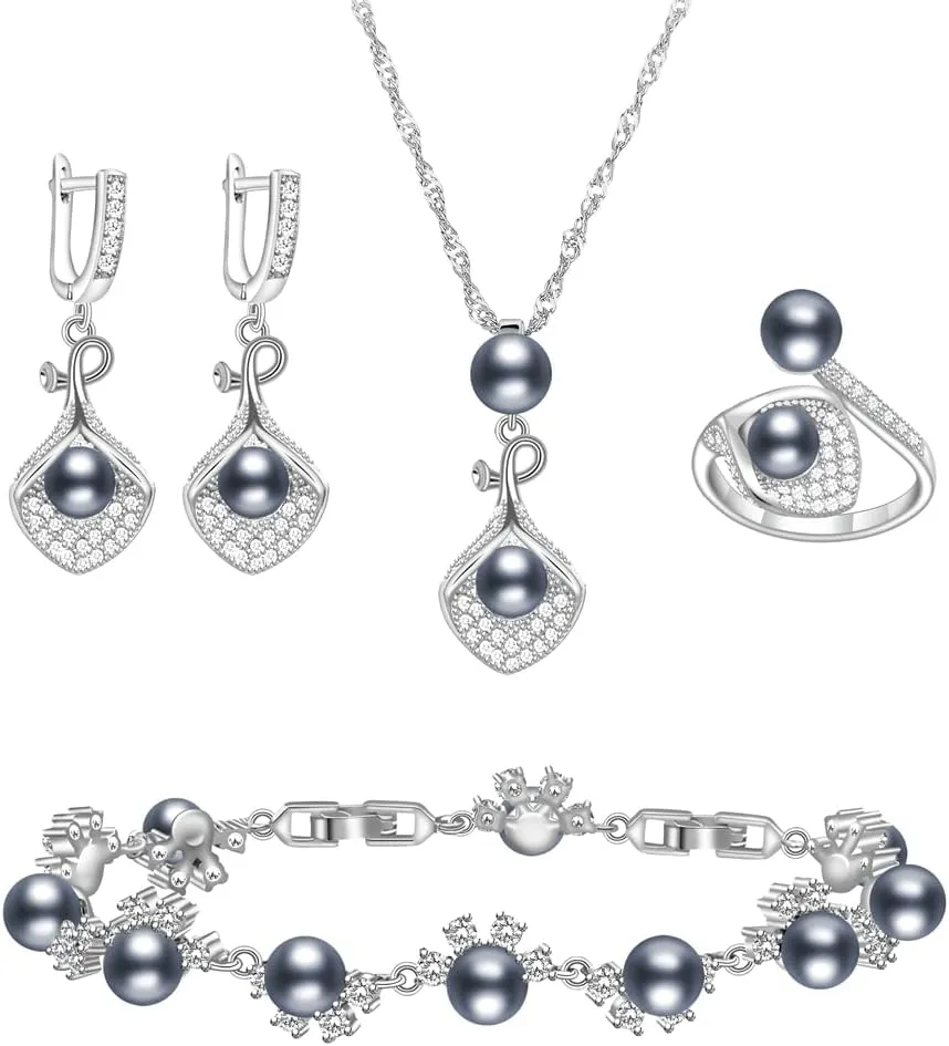 LMXXVJ Faux Pearl Jewelry Set for Women,Necklace Adjustable Ring Earrings Bracelet Set,Birthday/Wedding/Mothers Day Jewelry Gifts for Mom/Wife/Best Friend Goddess/Valentine