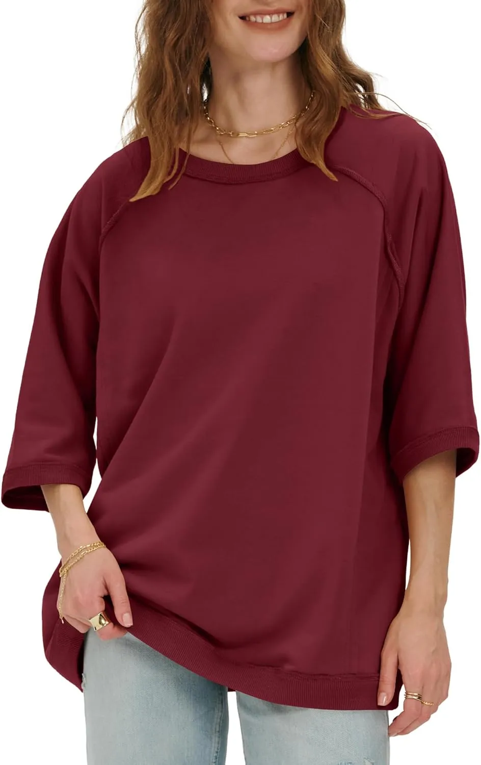 Locachy Women's Casual Crew Neck Sweatshirt Oversized 3/4 Sleeve Pullover Tops 2025 Fashion