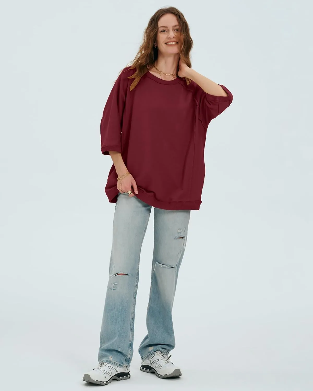 Locachy Women's Casual Crew Neck Sweatshirt Oversized 3/4 Sleeve Pullover Tops 2025 Fashion