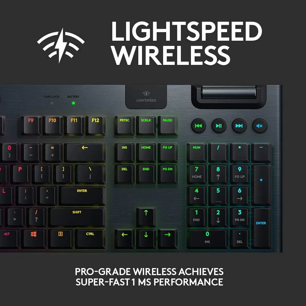 Logitech G915 LIGHTSPEED RGB Mechanical Gaming Keyboard, Low Profile GL Clicky Key Switch, LIGHTSYNC RGB, Advanced LIGHTSPEED Wireless and Bluetooth Support - Clicky,Black