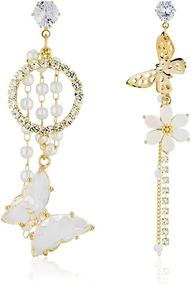 Long Butterfly And Flower Cubic Chain Beads Drop Dangle Earrings for Women Asymmetric Butterfly Pearl Circle Cubic Pendants Earrings