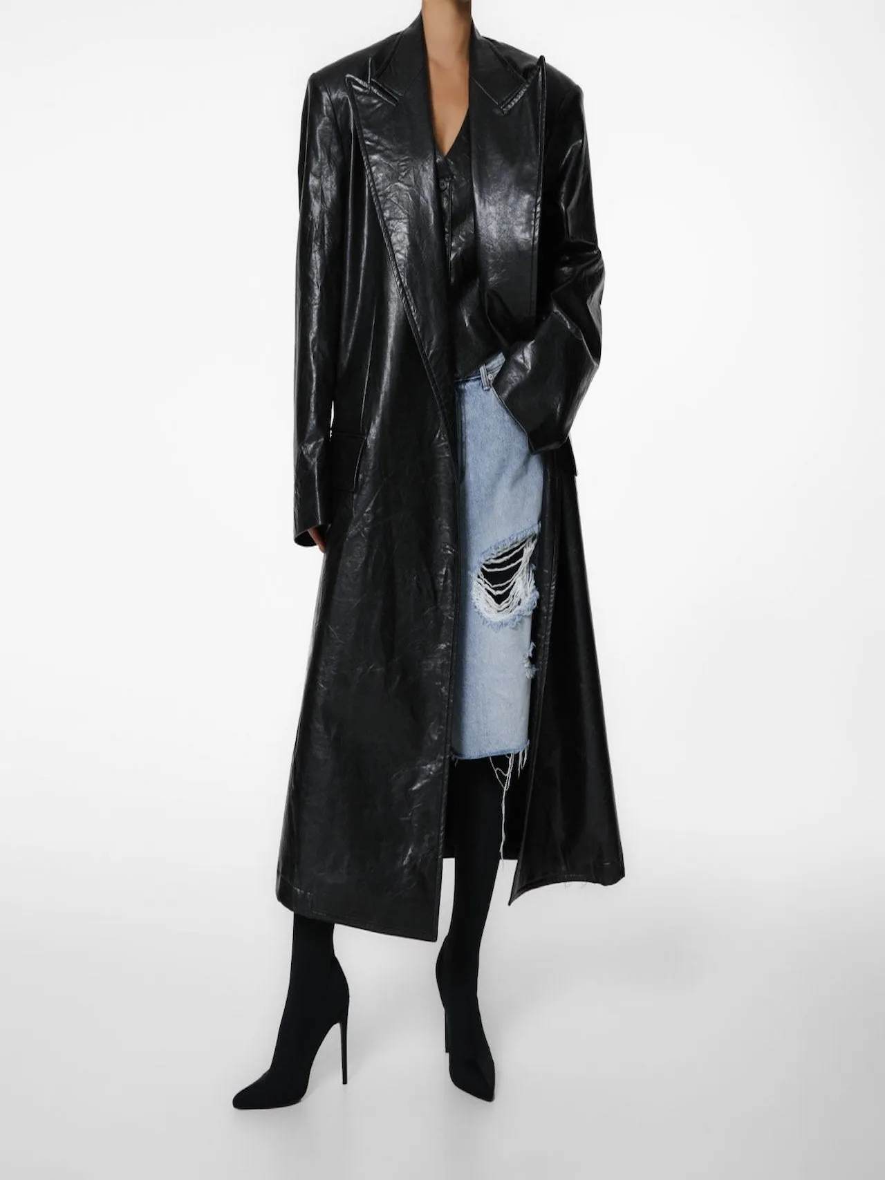 LUXE PEAKED LAPEL VEGAN WASHED LEATHER COAT