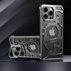 Luxury Magnetic Lens Ring Stand Frameless Hollow Heat Dissipation Phone Case for iPhone 14 13 15 Pro Max Shockproof Metal Cover,Gray MAG,for iPhone 15 Pro