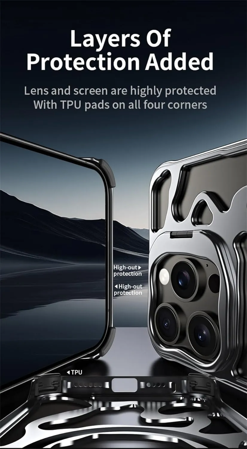 Luxury Magnetic Lens Ring Stand Frameless Hollow Heat Dissipation Phone Case for iPhone 14 13 15 Pro Max Shockproof Metal Cover,Gray MAG,for iPhone 15 Pro