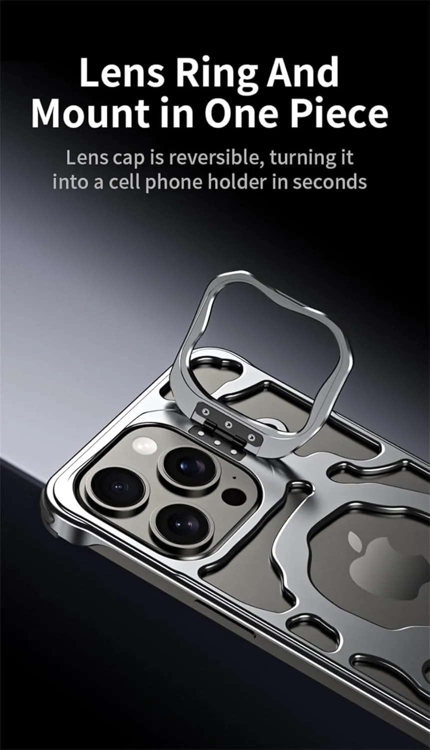Luxury Magnetic Lens Ring Stand Frameless Hollow Heat Dissipation Phone Case for iPhone 14 13 15 Pro Max Shockproof Metal Cover,Gray MAG,for iPhone 15 Pro