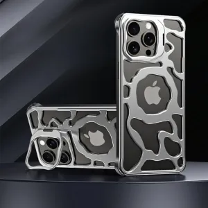 Luxury Magnetic Lens Ring Stand Frameless Hollow Heat Dissipation Phone Case for iPhone 14 13 15 Pro Max Shockproof Metal Cover,Silver MAG,for iPhone 15 Pro