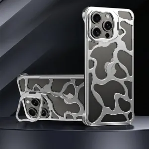 Luxury Magnetic Lens Ring Stand Frameless Hollow Heat Dissipation Phone Case for iPhone 14 13 15 Pro Max Shockproof Metal Cover,Silver,for iPhone 15 Pro