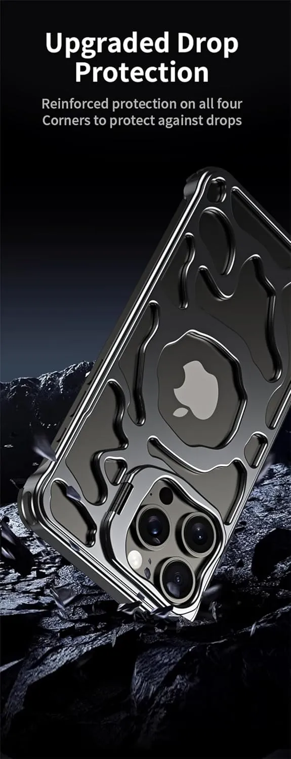 Luxury Magnetic Lens Ring Stand Frameless Hollow Heat Dissipation Phone Case for iPhone 14 13 15 Pro Max Shockproof Metal Cover,Silver,for iPhone 15 Pro