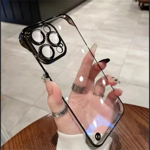 Luxury Plating Transparent Frameless Ultra Thin Case for iPhone 15 14 Plus 13 12 11 Pro Max Clear Hard Camera Protection Cover,Black,for iPhone14