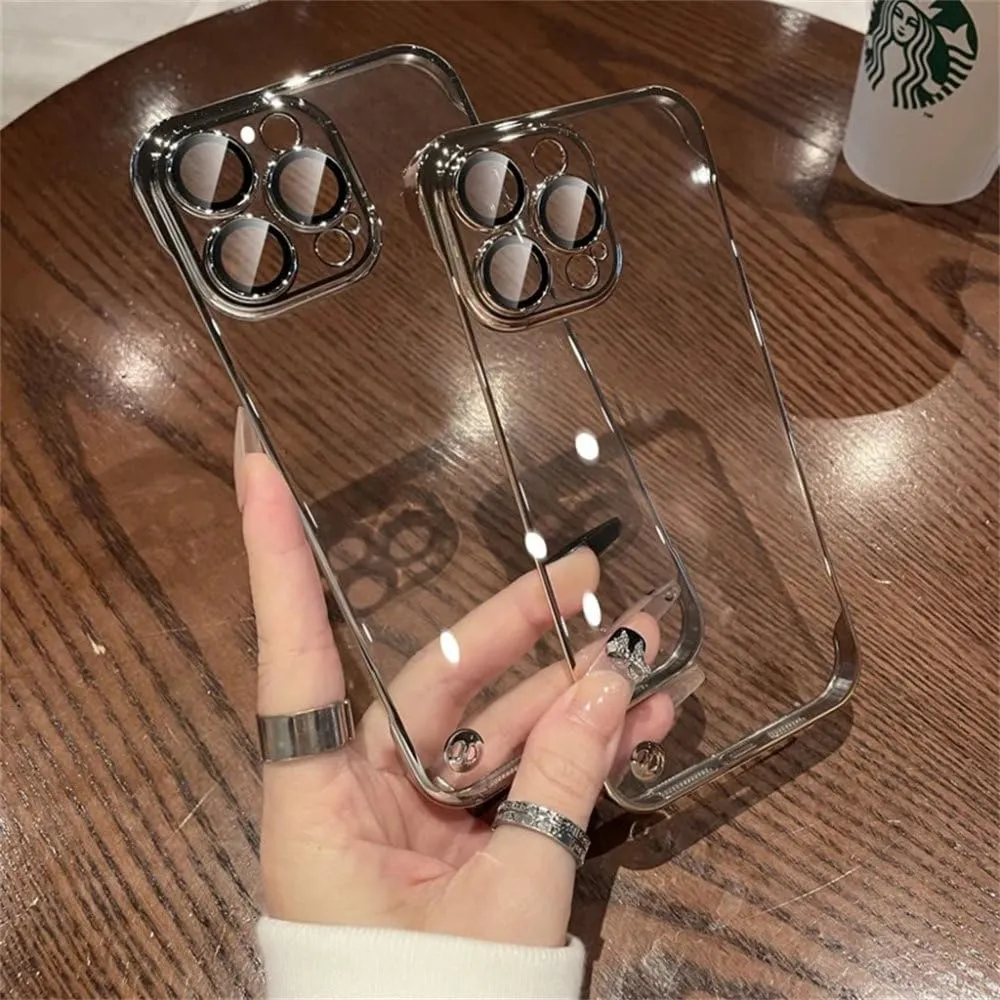 Luxury Plating Transparent Frameless Ultra Thin Case for iPhone 15 14 Plus 13 12 11 Pro Max Clear Hard Camera Protection Cover,Gold,for iPhone14