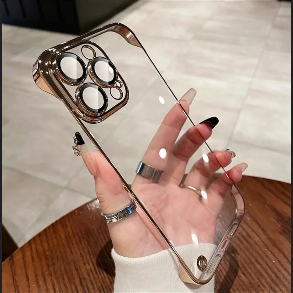 Luxury Plating Transparent Frameless Ultra Thin Case for iPhone 15 14 Plus 13 12 11 Pro Max Clear Hard Camera Protection Cover,Gold,for iPhone14