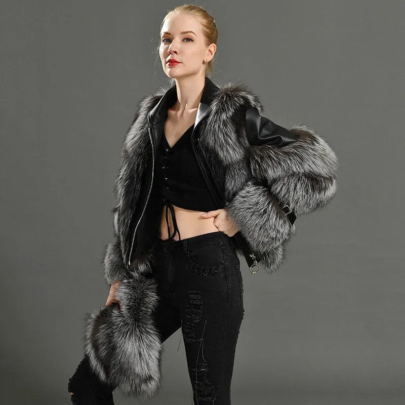 Luxury  Real Fox Fur Coats with 100% Genuine Sheepskin Leather Jackets Wholeskin Natural Fox Fur Female Parkas
