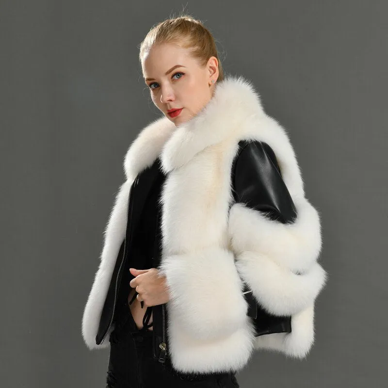 Luxury  Real Fox Fur Coats with 100% Genuine Sheepskin Leather Jackets Wholeskin Natural Fox Fur Female Parkas