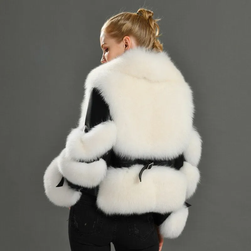 Luxury  Real Fox Fur Coats with 100% Genuine Sheepskin Leather Jackets Wholeskin Natural Fox Fur Female Parkas