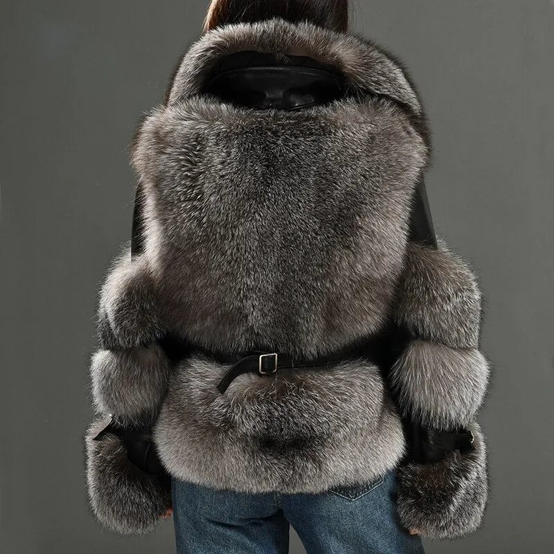 Luxury  Real Fox Fur Coats with 100% Genuine Sheepskin Leather Jackets Wholeskin Natural Fox Fur Female Parkas