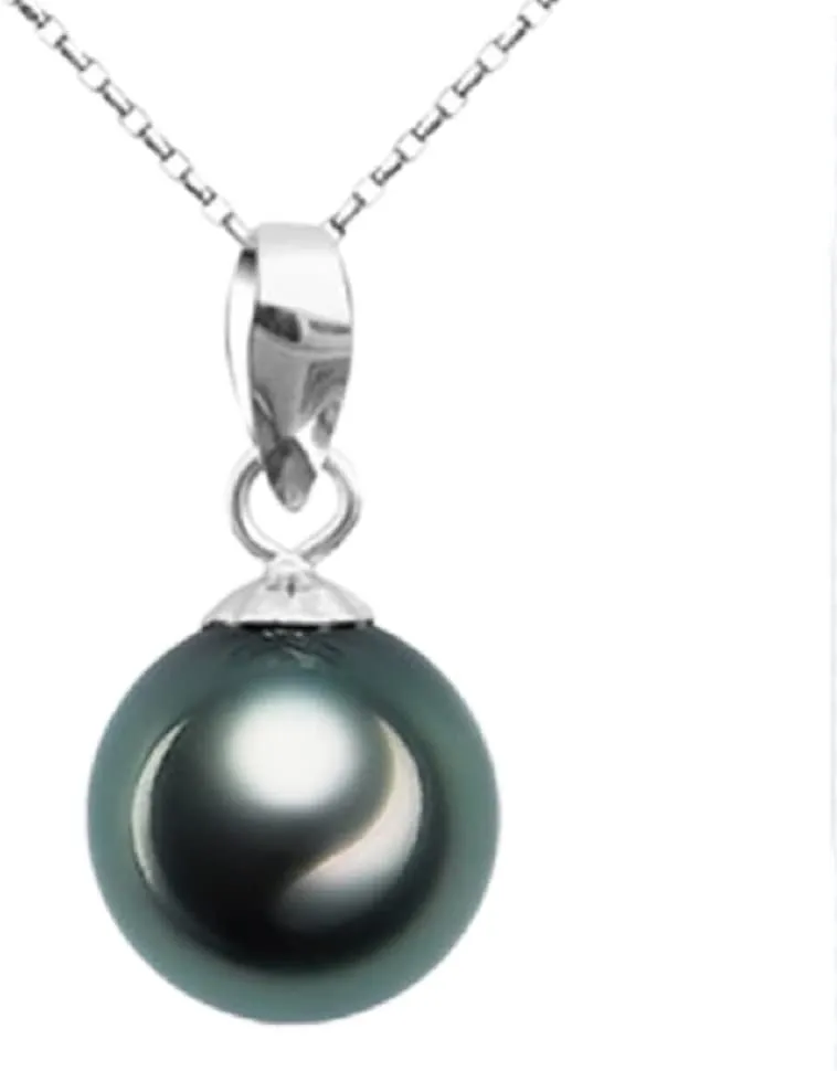 Lzz 925 Sterling Silver Tahitian Nanhai Freshwater Cultured Black Pearl Pendant Necklace - 9-10mm Round Pearl Ladies Necklace